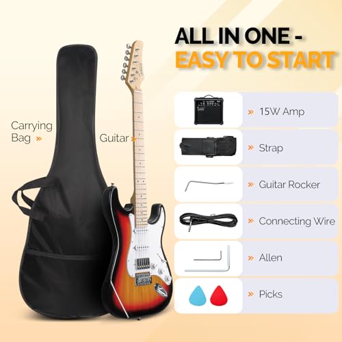 GLARRY Electric Guitar, 39" Full Size Electric Guitar Kit with HSS Pickup Coil Split for Beginner, 20W Amp and Accessories Pack Guitar Bag (Sunset)