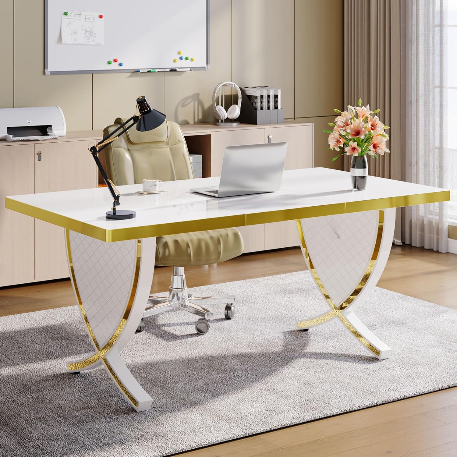 Tribesigns 63" Modern Executive Desk, Large Office Desk with Thickened Frame, Glossy Computer Desk Writing Desk Study Table for Home Office