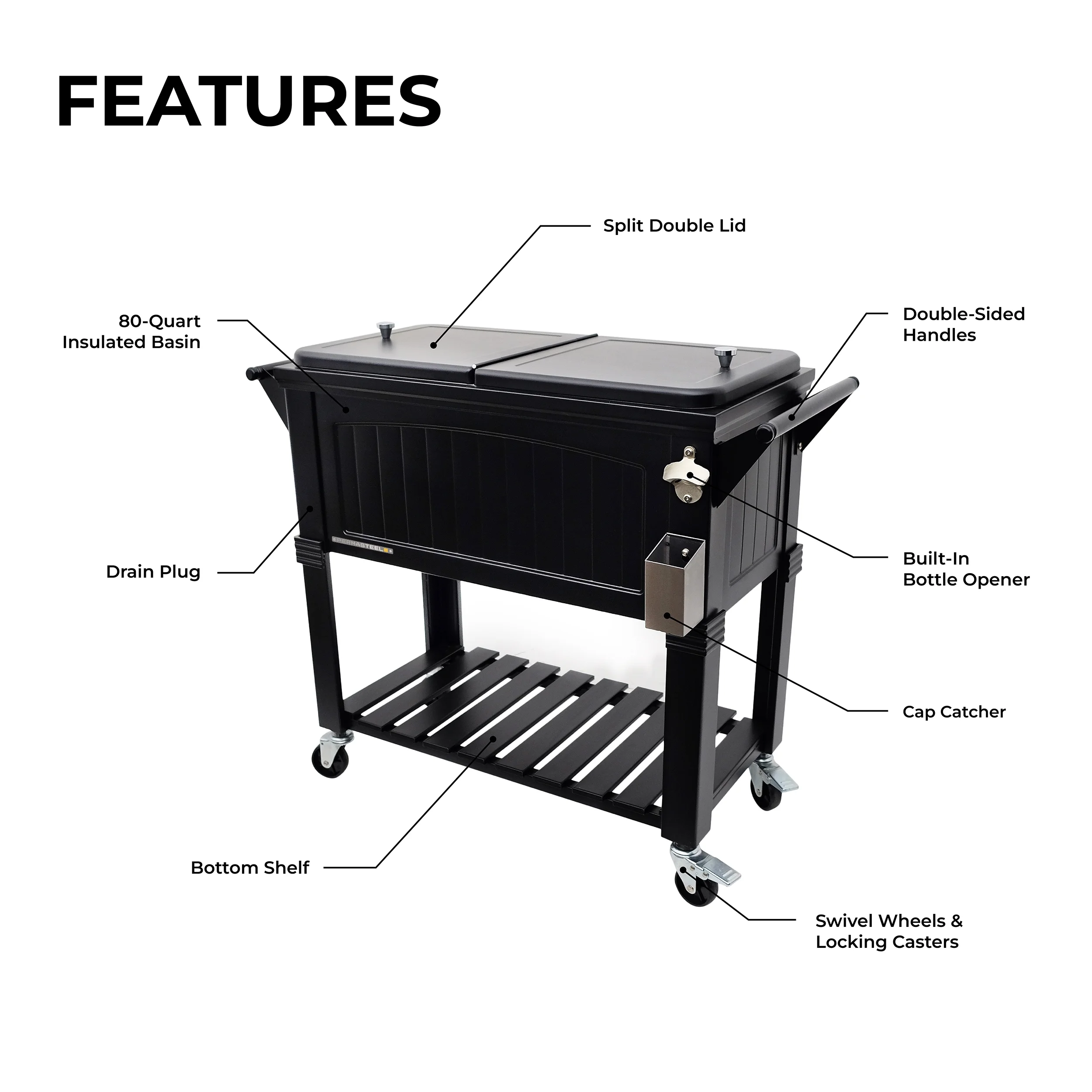 Permasteel 80-Qt Antique Outdoor Steel Patio Cooler on Wheels, Rolling Cooler Cart, Wooden Teak Style, Black