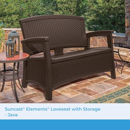 Suncast Elements Stylish Lightweight Loveseat Outdoor Seating with Convenient Built In Universal Storage, and All Weather Plastic, White