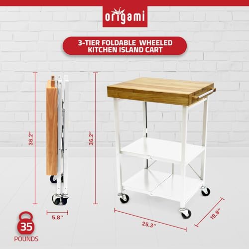 Origami Folding Kitchen Cart on Wheels, 3-Tier Foldable Rolling Cart - Chefs Outdoor Cart for Wine and Food, Microwave Cart, Plating Shelf