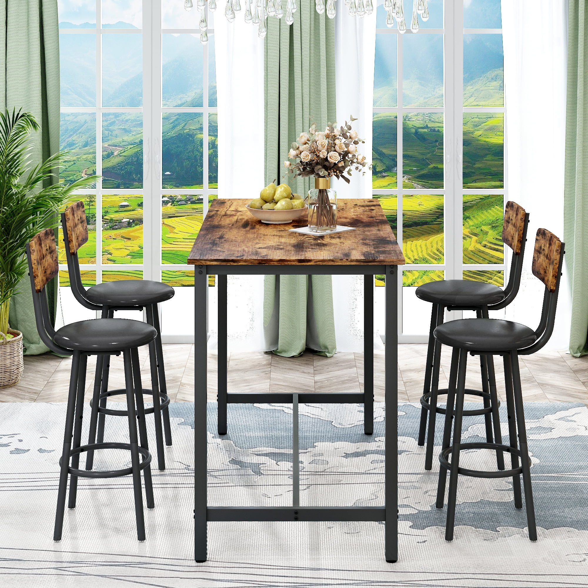 Paproos 5 Piece Dining Table Set, Bar Height Kitchen Table and Upholstered Stools with Backrest, Wooden Table Top and Metal Frame