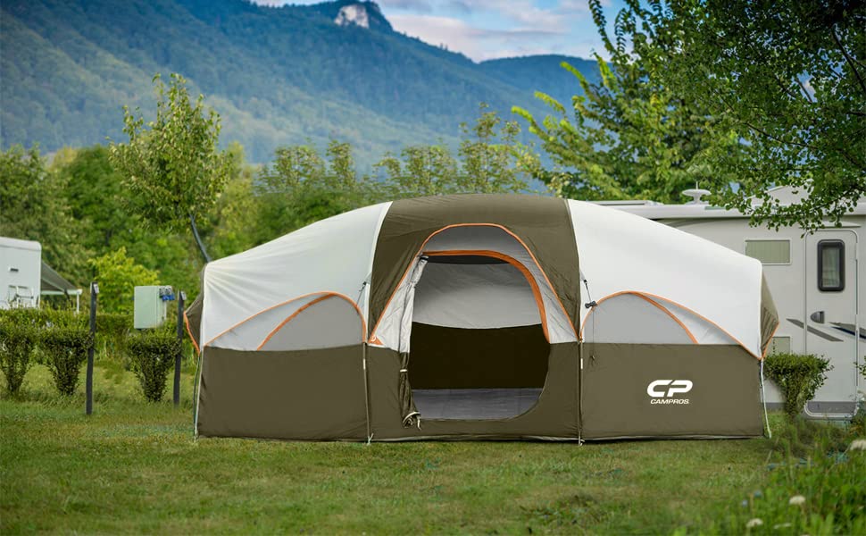 CAMPROS CP Tent 8 Person Camping Tents, Weather Resistant Family Tent, 5 Large Mesh Windows, Double Layer, Divided Curtain for Separated Room