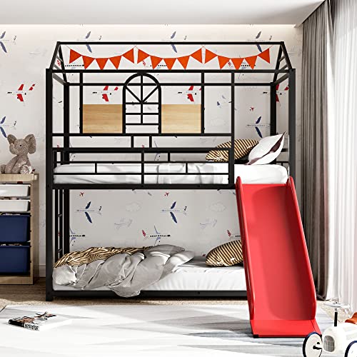 Kids Twin Over Twin Bunk Beds with Slide and Trundle, Solid Wood Bunk Bed Frame with Stairs and Storage