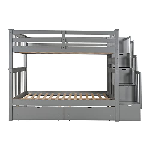 Ball & Cast Twin-Over-Twin Bunk Bed with Twin-Size Trundle and 3 Storage Stairs,Wood Bunkbed w/Full-Length Guardrails,Slat Support