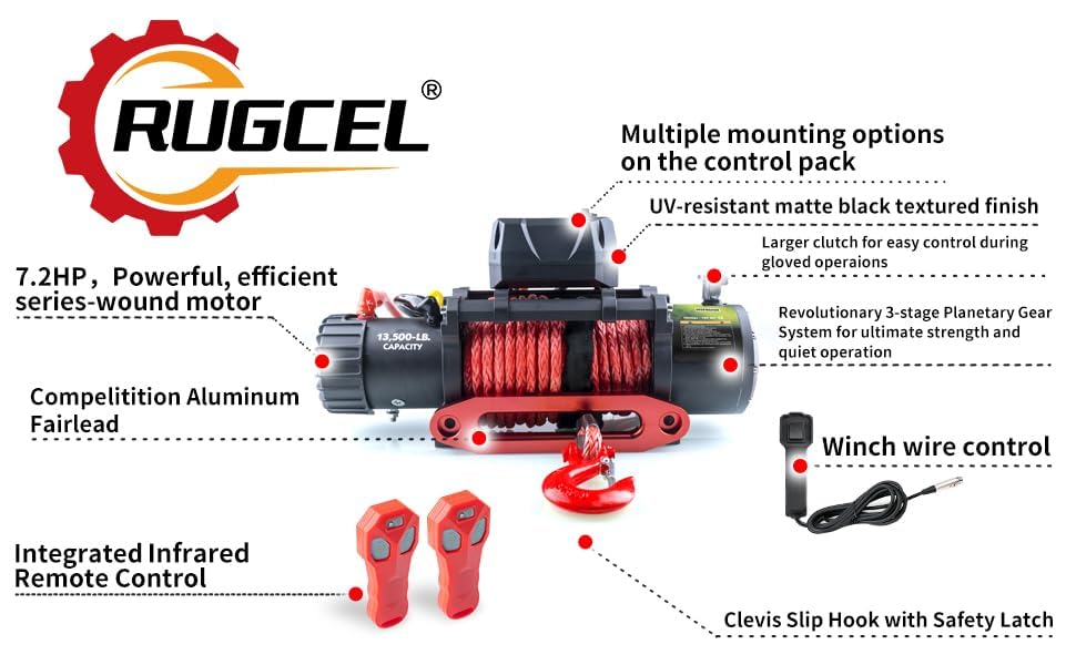 RUGCEL 13500lb Waterproof Electric Red Synthetic Rope Winch with Hawse Fairlead, Wired Handle and 2 Infrared Remote(13500LB RED)