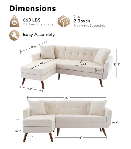 Tbfit L Shaped Couch Sofa, 80" W Mid-Century Modern Sectional Couches, 3 Seater Sofas with Wide Chaise Lounge & Two Pillows
