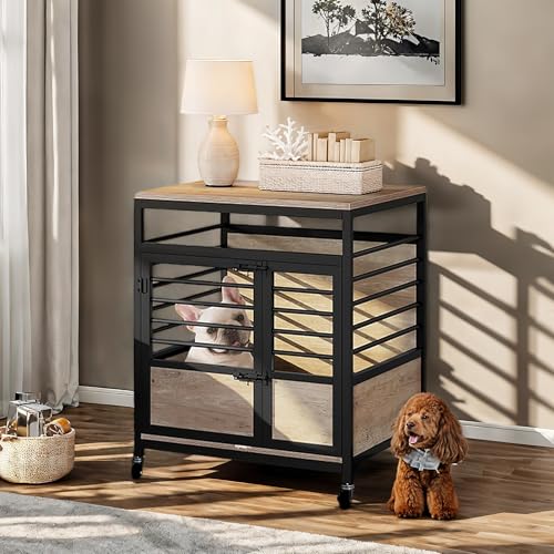 YITAHOME 39 Inch Dog Crate Furniture with Storage Shelves, Wooden Dog Crate for Large Dogs with Power Outlets