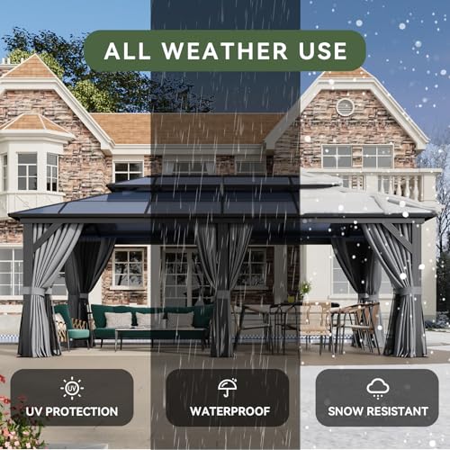 Aoxun 12'x10' Hardtop Gazebo, Aluminum Frame Permanent Pavilion with Curtains and Netting, Outdoor Polycarbonate Double Roof Canopy