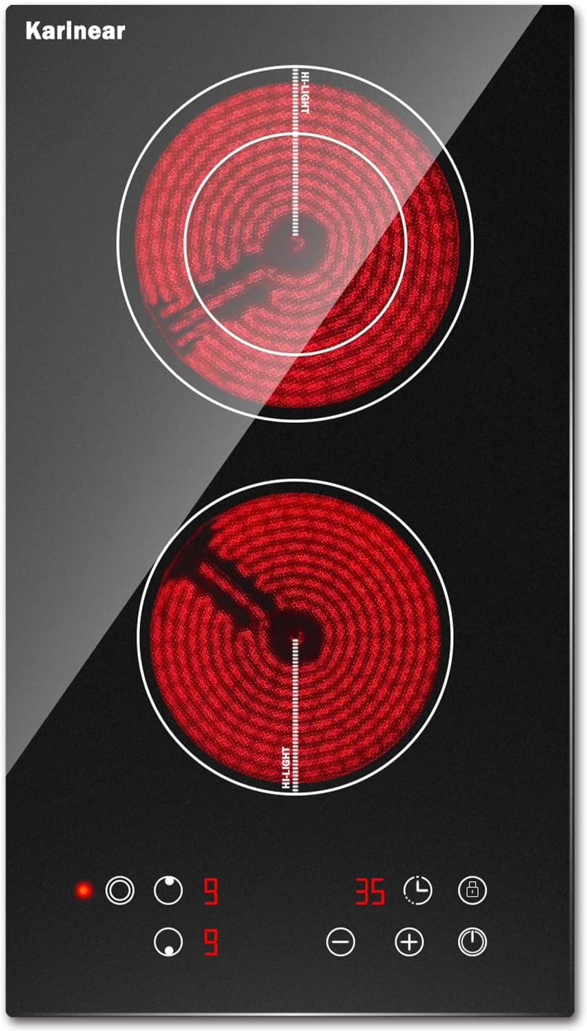 Karinear 2 Burner Electric Cooktop 12 Inch, Drop-in Electric Radiant Cooktop 220v - 240v with Child Safety Lock, Timer, Residual Heat Indicator