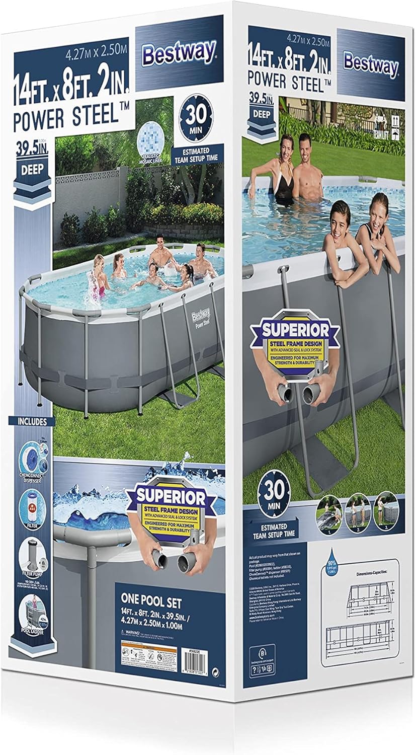 Bestway 56711E Power Steel 18' x 9' x 48 Outdoor Oval Frame Above Ground Swimming Pool Set with 1500 GPH Cartridge Filter Pump, Cover, & Ladder, Gray