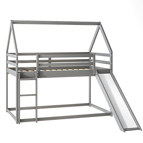 Kids Twin Over Twin Bunk Beds with Slide and Trundle, Solid Wood Bunk Bed Frame with Stairs and Storage