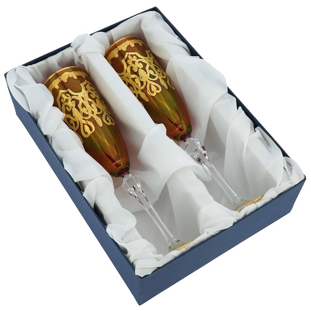 Set of Two Murano Glass Champagne Flutes 24K Gold Leaf - Red