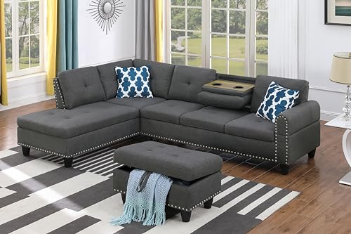 Devion Furniture Regis 4-in-1 Convertible L Shaped Couch with Pull Out Bed and Storage, Sectional Sleeper Sofa with Reversible Chaise for Living Room