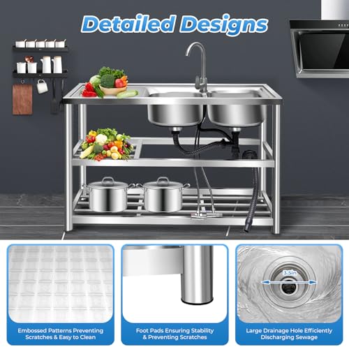 2 Compartment Stainless Steel Commercial Kitchen Utility Sink + Prep Counter Utility Sink Freestanding Stainless Steel Double Bow Kitchen Set