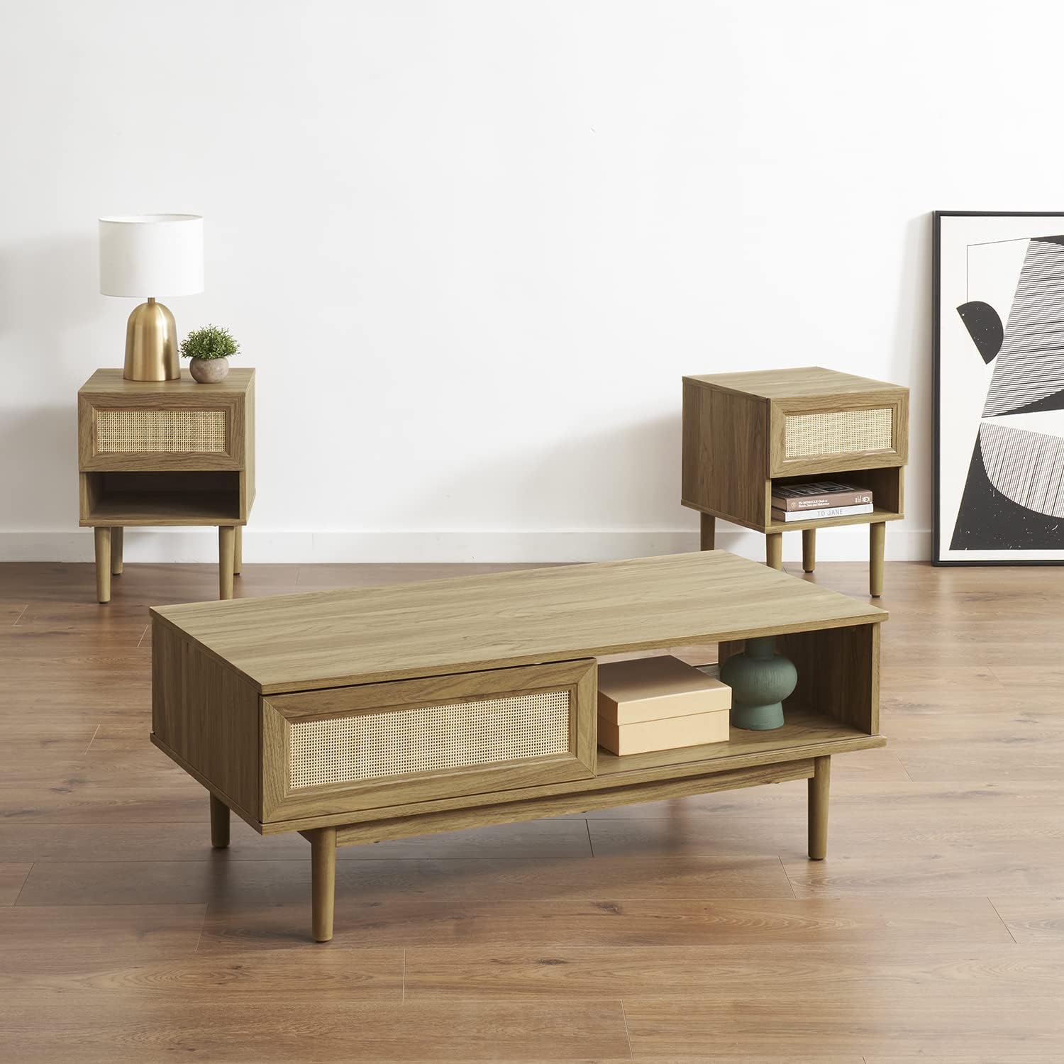 Mopio Haylee Modern Farmhouse Boho Coffee Table, with Rattan Cane Sliding Doors, Ample Storage Space for a Clean and Natural Living Room