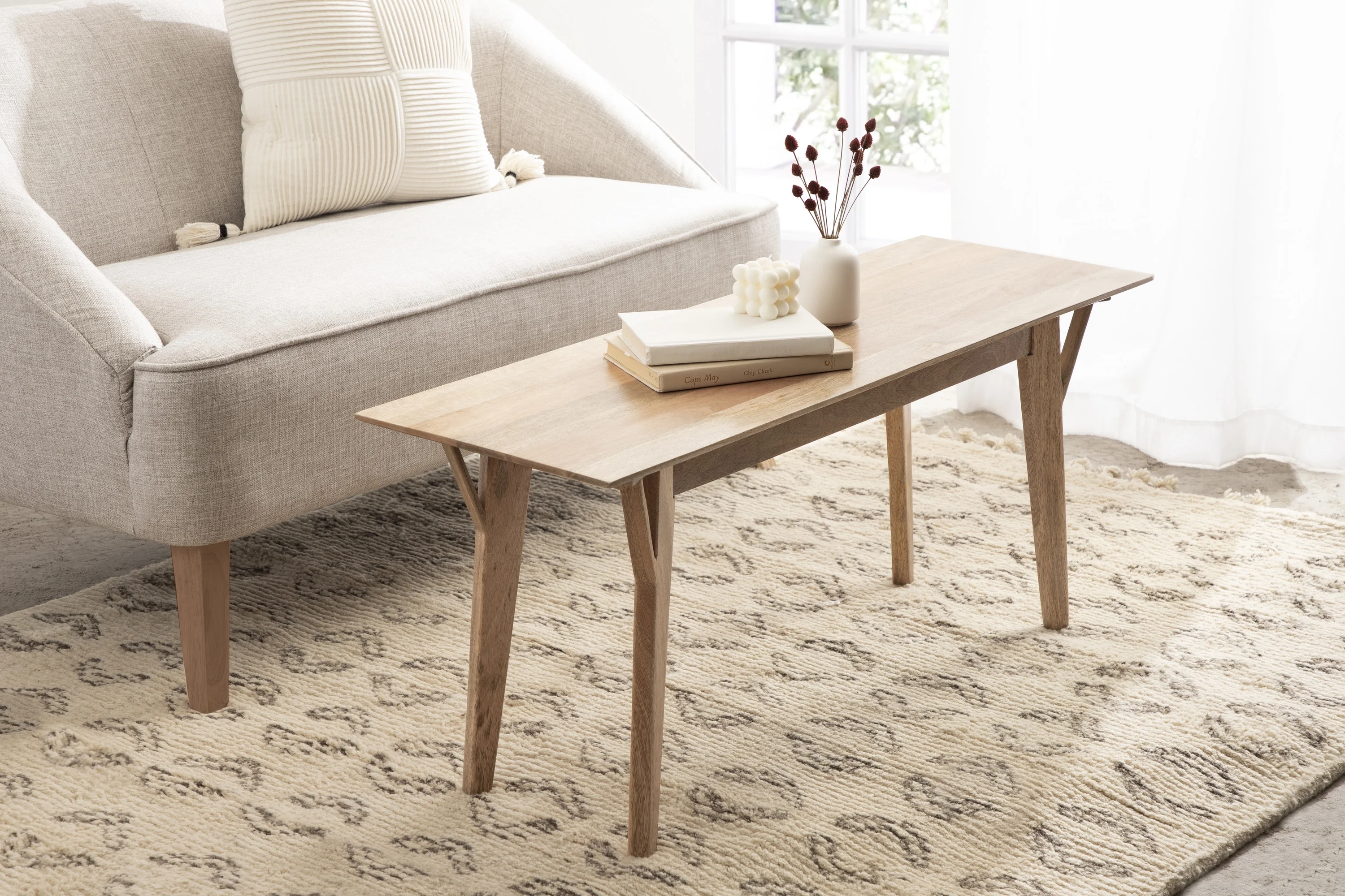 Kate and Laurel McCutcheon Mid-Century Rectangle Wooden Bench, 42 x 14 x 18, Natural Brown, Living Room Wood Bench for Display, Seating