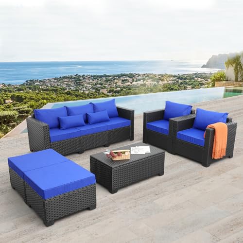 Rattaner Patio Wicker Furniture Set 6 Pieces Outdoor HDPE Wicker Conversation Couch Sectional Chair Sofa Set with Grey Cushions