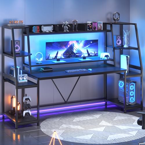 SEDETA Gaming Desk 78.8'' with LED Lights, Hutch and Storage Shelves, Computer Desk with Monitor Stand, Large PC Gamer Desk Workstation