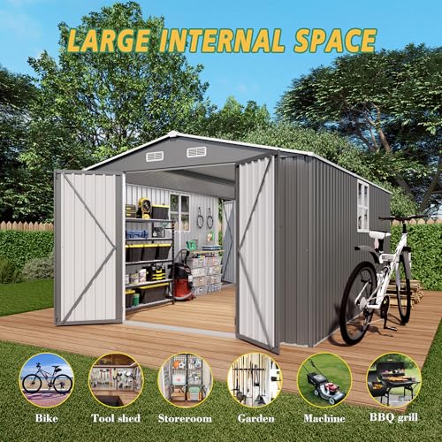 10x12x6.7FT Outdoor Storage Shed, Galvanized Steel Garden Shed with Lockable Door & Window, Waterproof Metal Tool Storage for Garden, Backyard, Patio