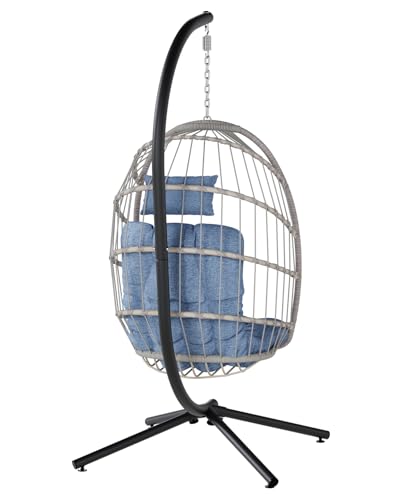 SWITTE Egg Chair Outdoor with Stand, Indoor Wicker Hanging Egg Swing Chair with Cushion, 350lbs Capacity for Patio, Bedroom, Garden - Gray