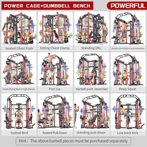 Power Cage Smith Machine Power Rack Multifunctional Deep Squat Rack Cable Crossover System Selectable More Training Attachment for Garage & Home Gym
