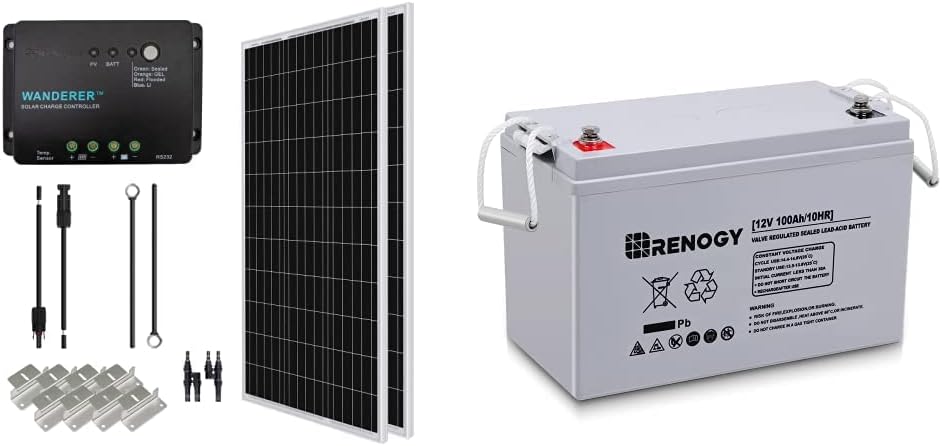 Renogy 200 Watt 12 Volt Monocrystalline Solar Panel Starter Kit with 2 Pcs 100W Monocrystalline Solar Panel and 30A PWM Charge Controller for RV