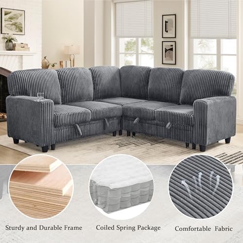 L-Shaped Pull Out Sleep Sofabed,Modern Reversible Sleeper Sectional Sofa Chenille Upholstered Button Tufted Decor with Storage Chaise