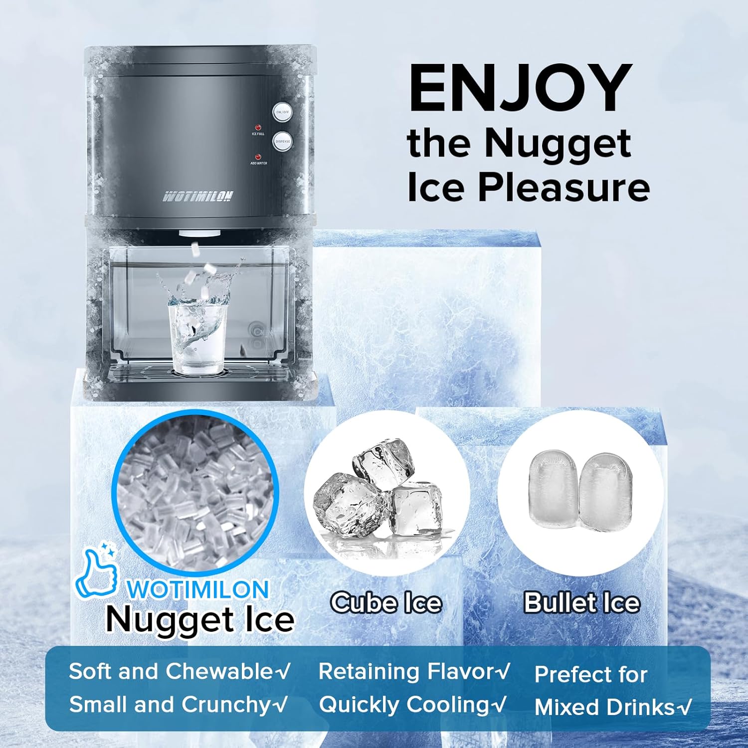 Nugget Ice Maker Countertop, Pebble Ice Maker Machine Pellet Sonic Ice Maker Dispenser Portable for Home/Kitchen/Office, Soft Chewable Ice