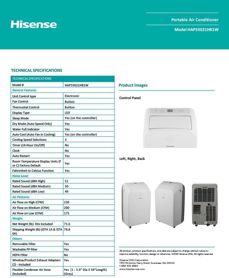 Hisense Portable Air Conditioner with Heatpump, SACC 8,000 BTU, 550 sq. ft. HAP55021HR1W