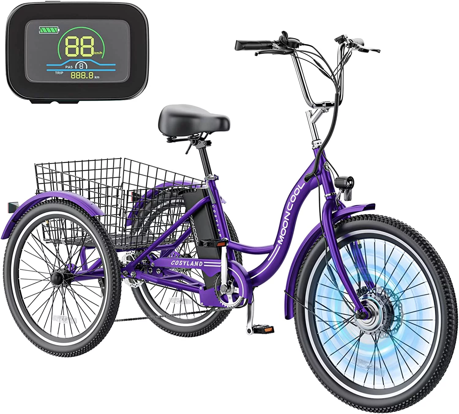 MOONCOOL 350W Motorized Electric Trike, 7 Speed 3 Wheel Electric Bicycle with 36V 14.5Ah Lithium Battery UL Certified