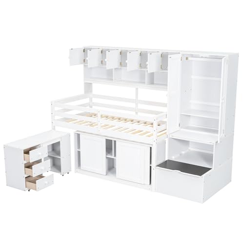 Harper & Bright Designs Full Size Loft Bed with Wardrobe, Wooden Full Loft Bed Frame Big Storage with Under-Bed Desk, Drawers and Shelves, Gray