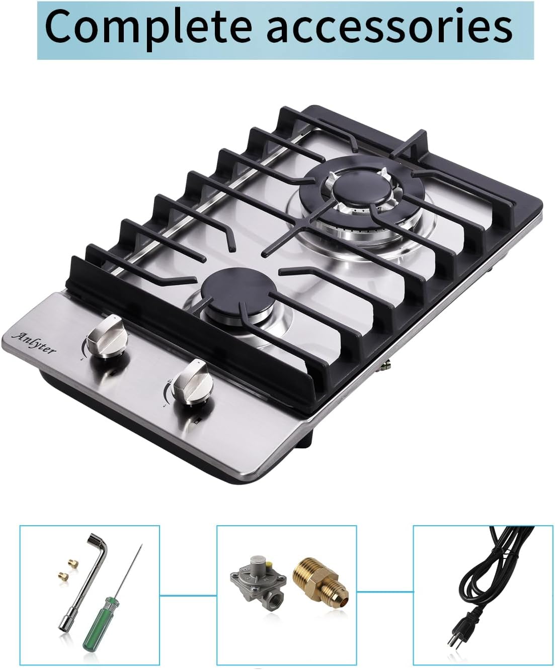 12 Inch Gas Cooktop, 2 Burners Built-in Gas Stovetop Stainless Steel Gas Stove Top Propane/Natural Gas Convertible Sealed Gas Cooktop for RVs