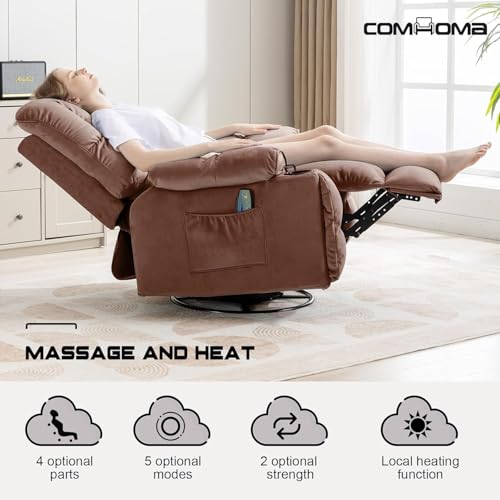 COMHOMA Recliner Chair, Swivel Rocker Recliner with Cup Holders, Heat and Massage, Fabric Recliners Sofa for Living Room (Brown)