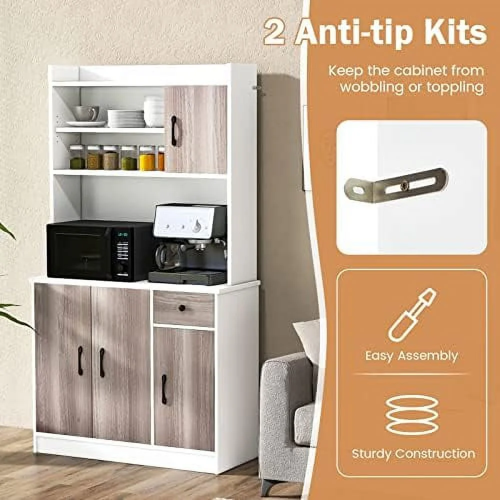 CCBIUOMBO Kitchen Pantry  Cabinet  71'' Freestanding Microwave Cupboard with 3 Cabinets