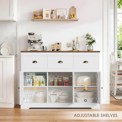 Keyluv White Buffet Cabinet Storage Sideboard Farmhouse Server Bar Wine Cabinet with 3 Drawers & 3 Doors Adjustable Shelves Console Table for Dining