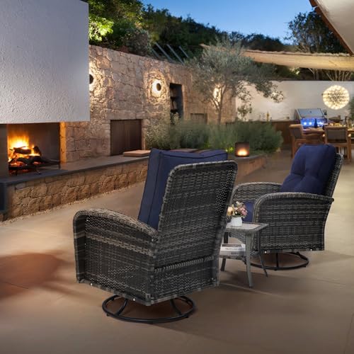 3 Piece Rattan Wicker Bistro Set, Outdoor Conversation Furniture Set with Glass Top Table, Space Saving for Balcony, Backyard, Natural