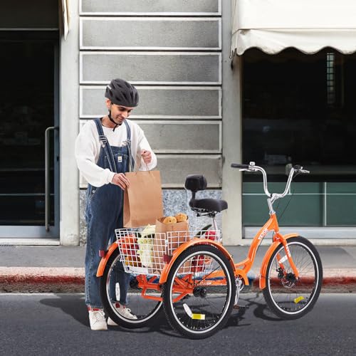 VEVOR Adult Tricycles Bike, 24 Inch Three-Wheeled Bicycles, 3 Wheel Bikes Trikes, Aluminum Alloy Cruiser Bike with Basket & Adjustable Seat