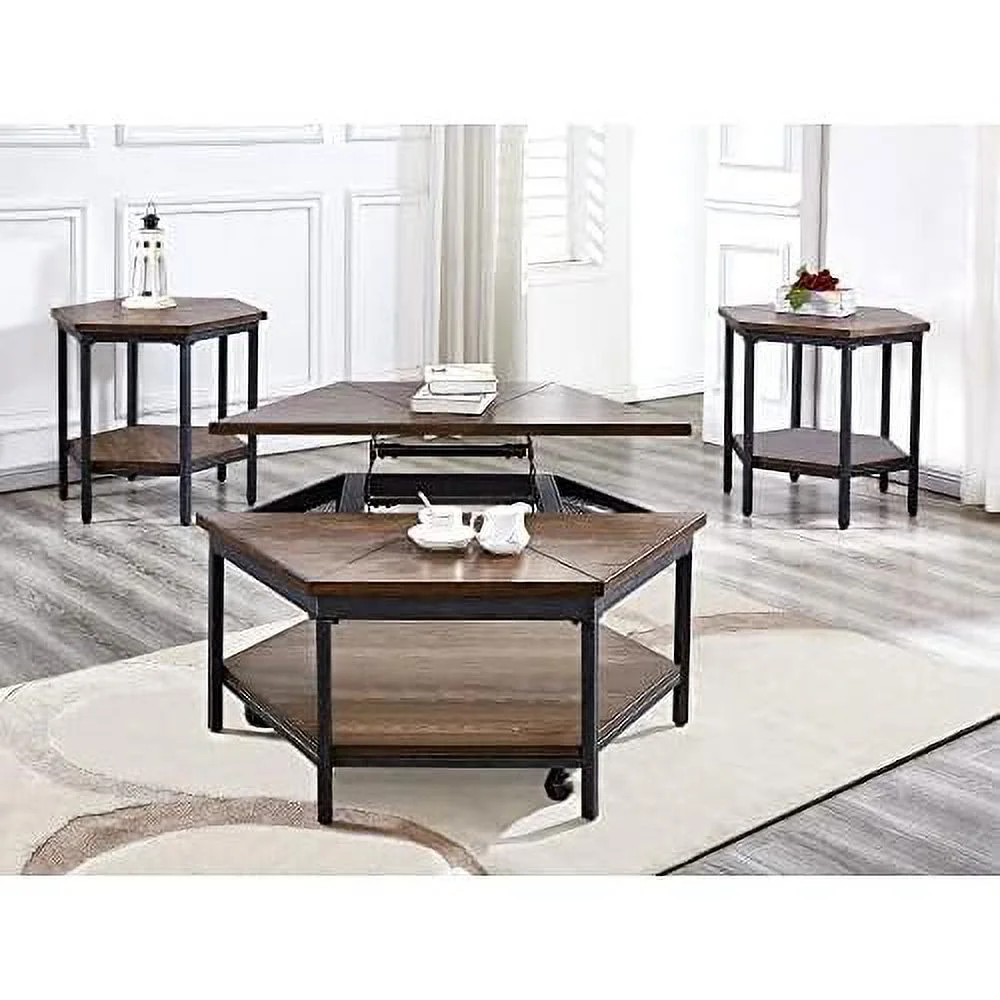 Mocha Hexagonal , Iron Base, And Unique Veneer Layup Design End Table
