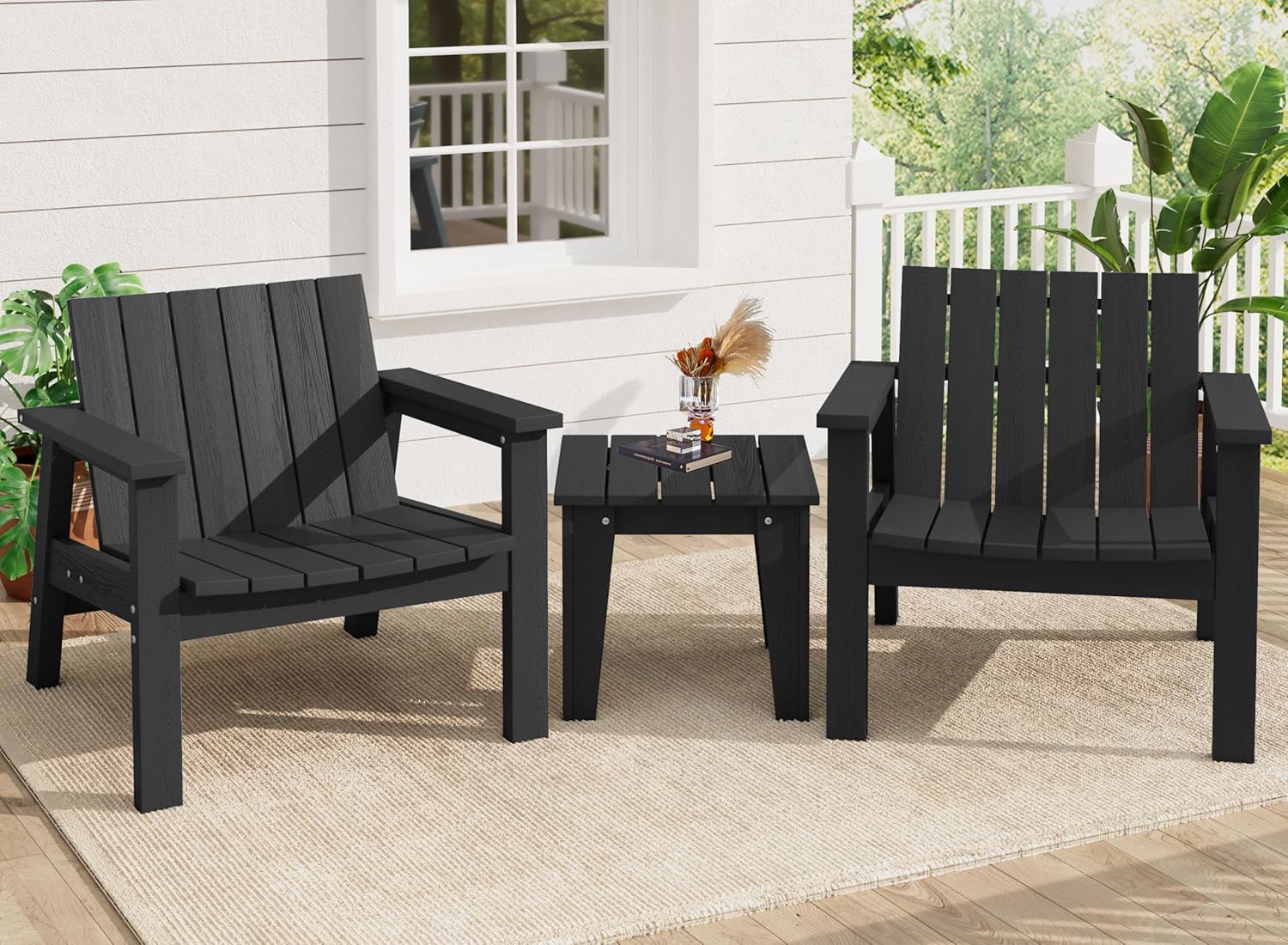 SERWALL 3 Piece Patio Bistro Set HDPE Adirondack Chair Sets with Side Table, includes Adirondack Chairs Set of 2 and 1 Adirondack Table for Patio