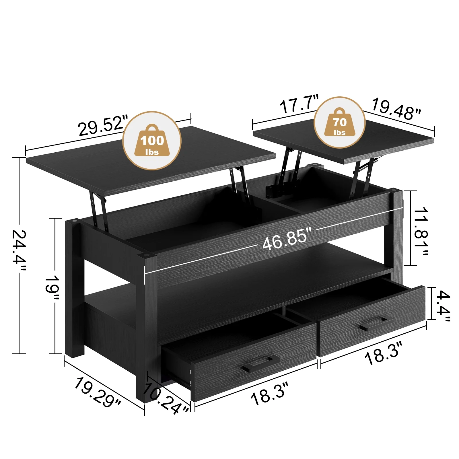 GUNAITO 47.2''Lift Top Coffee Table with Storage,2 Way Lift Coffee Table with 2 Drawers Modern Center Table for Living Room,Black