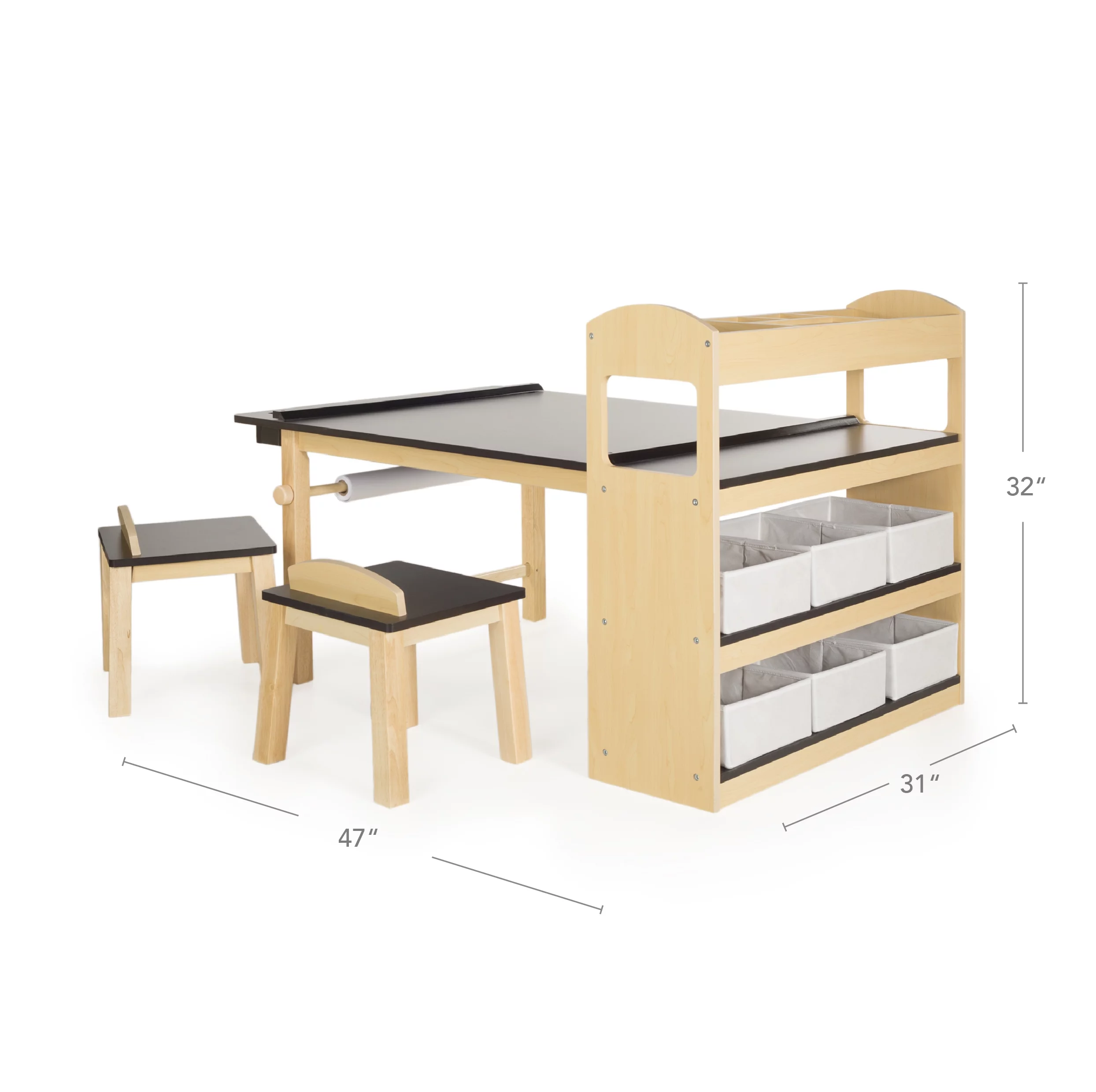 Guidecraft Deluxe Art Center: Drawing Desk and Painting Table for Kids, W/ Two Stools, Craft Supplies Storage Shelves, Canvas Bins