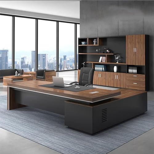 Modern L-Shape Executive Desk, Brown Pedestal Executive Desks with Storage and Cable Management