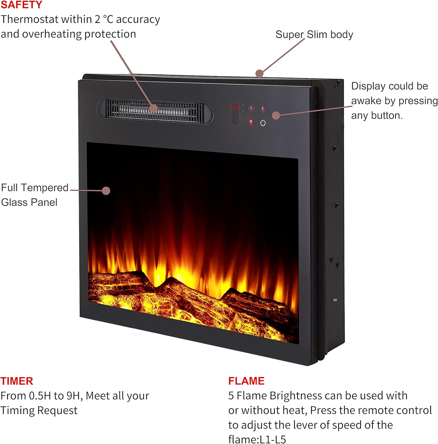 MOCIFI 23 inch Built-in Electric Fireplace Insert Heater,Low Noise,Remote Control,Touch Control Screen,Adjustable Flame Brightness and Speed,1500W