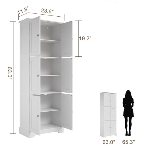 ChooChoo Tall Bathroom Storage Cabinet with 6 Doors, Freestanding Floor Cabinet with Adjustable Shelves, White Pantry Cabinet for Bathroom, Kitchen