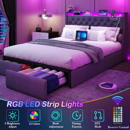 Queen Bed Frame with 2 Storage Drawers, Platform Bed Frame Queen Size with LED Light, Upholstered Headboard, Charging Station, Steel Slat Support