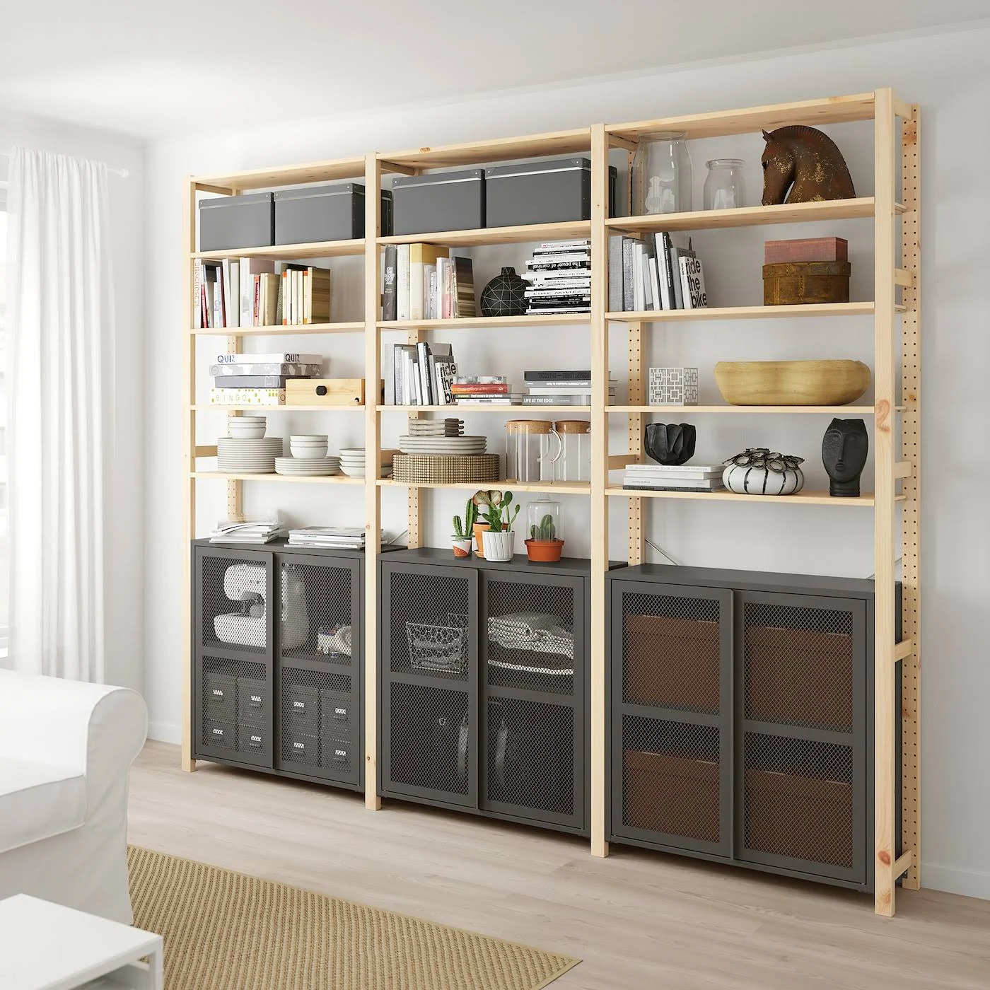 IKEA - Ivar 3 sections/cabinet/shelves, Pine/gray Mesh, 102x11 3/4x89