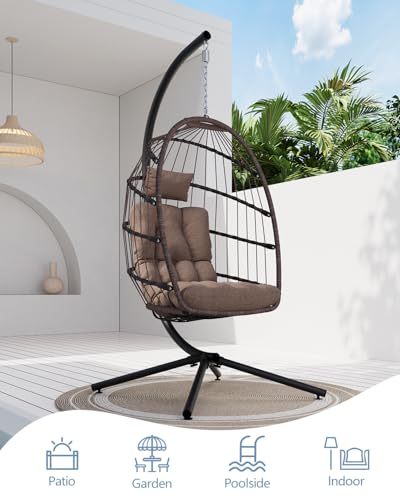 SWITTE Egg Chair Outdoor with Stand, Indoor Wicker Hanging Egg Swing Chair with Cushion, 350lbs Capacity for Patio, Bedroom, Garden - Gray