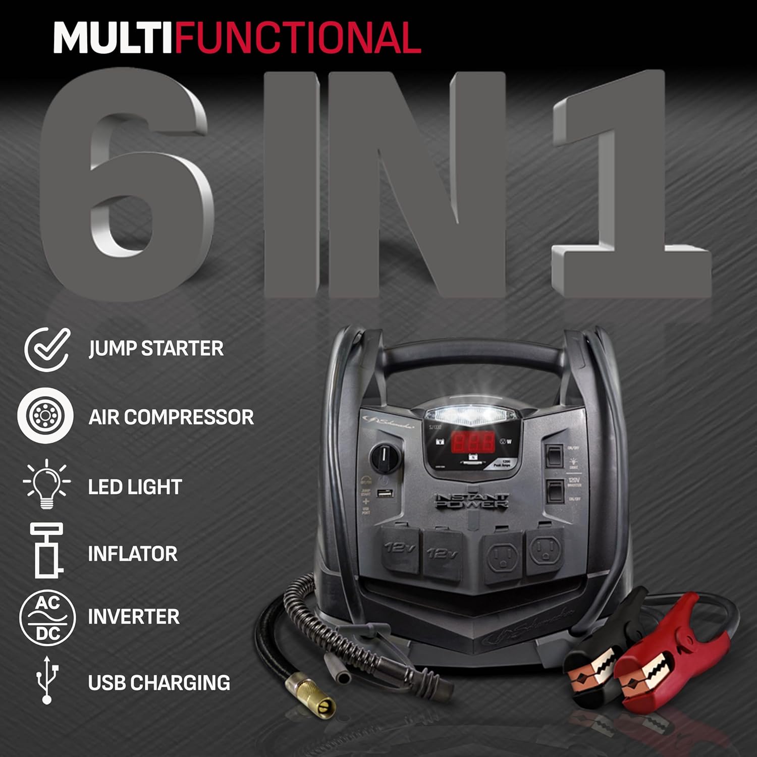 Schumacher Electric SJ1332 6-in-1 Portable Power Station and Jump Starter with 150-PSI Air Compressor and 200 Continuous/400 Peak Watt Power Inverter