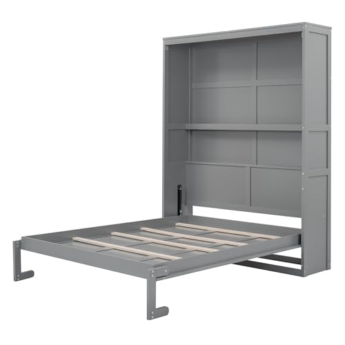 Queen Size Murphy Bed Wall Beds with Storage Shelves,Hide Away Bed Frame Easily Folds into Wood Cabinet,W/Mattress Holder,for Small Space,Guest Room